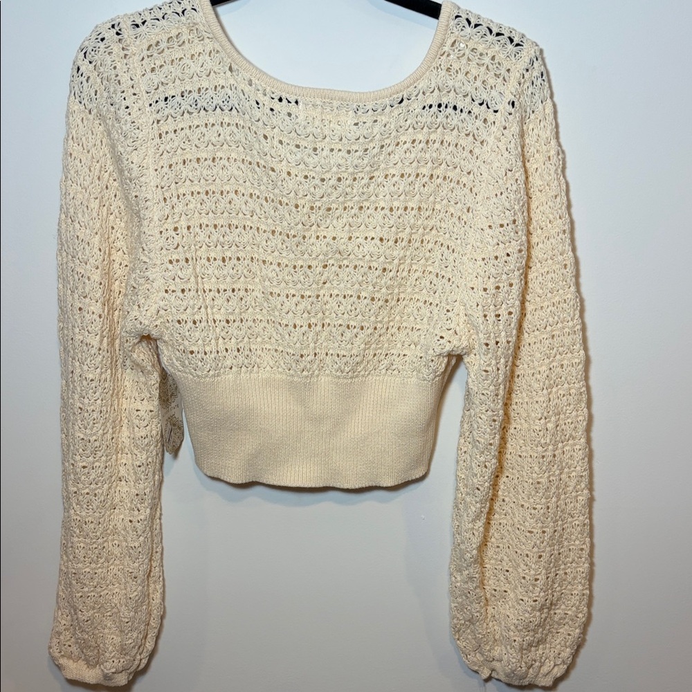 Altar'd State Cream Crochet Knit Cropped V-neck Balloon Sleeve Sweater-M - Picture 8 of 8